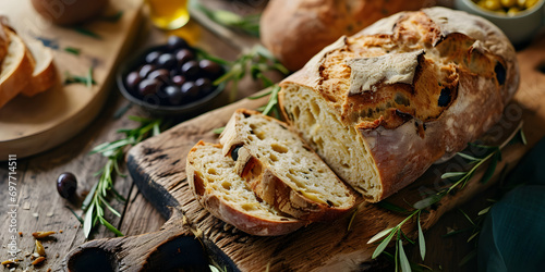 Artisan Olive Bread Loaf on Wooden Board with Rosemary