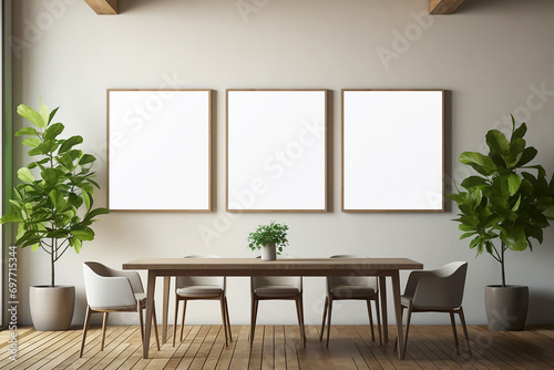 Blank frame mockup near desk. Empty white poster frame on the wall of dining room. Modern contemporary design of luxurious cozy home interior  apartment background. Generative AI