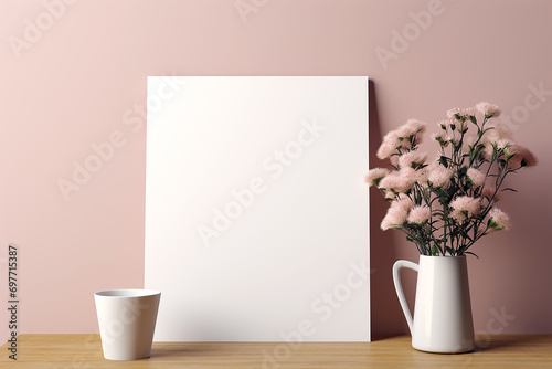 Blank frame mockup near desk. Empty white poster frame on the wall of living room. Modern contemporary design of luxurious cozy home interior, apartment background. Generative AI