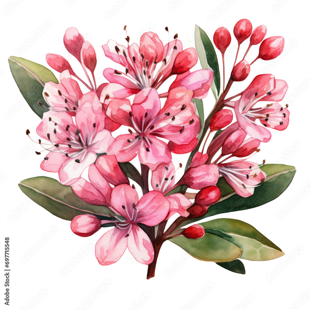 Blooming Pink Mountain laurel Or Kalmia Flower Bouquet Botanical Watercolor Painting Illustration