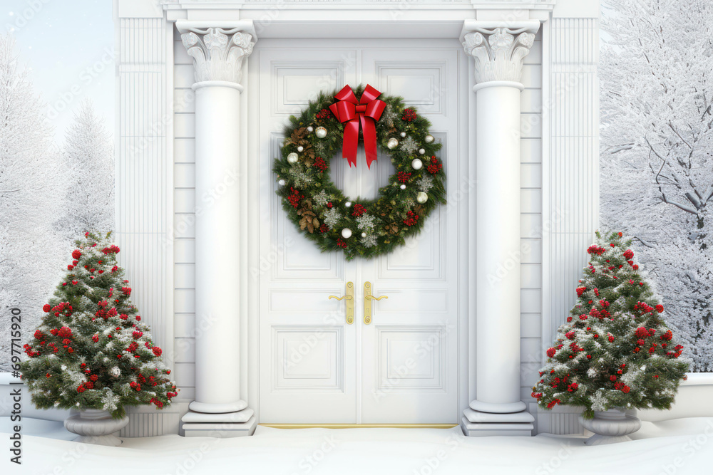 Green decorations white holidays celebration winter festive pine background seasonal christmas door home