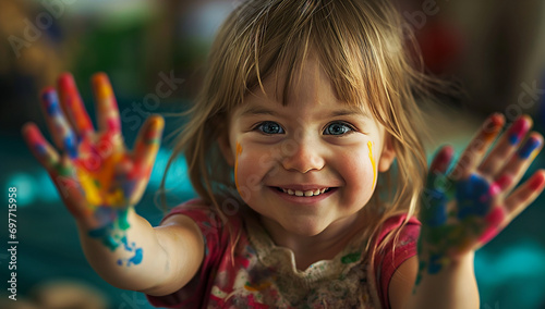 Cheerful Kid Enjoying Art and Craft with Finger Paints