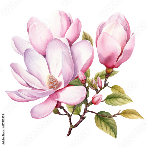 pink Magnolia ,illustration watercolor , Magnolia is an ancient genus that appeared before bees evolved.