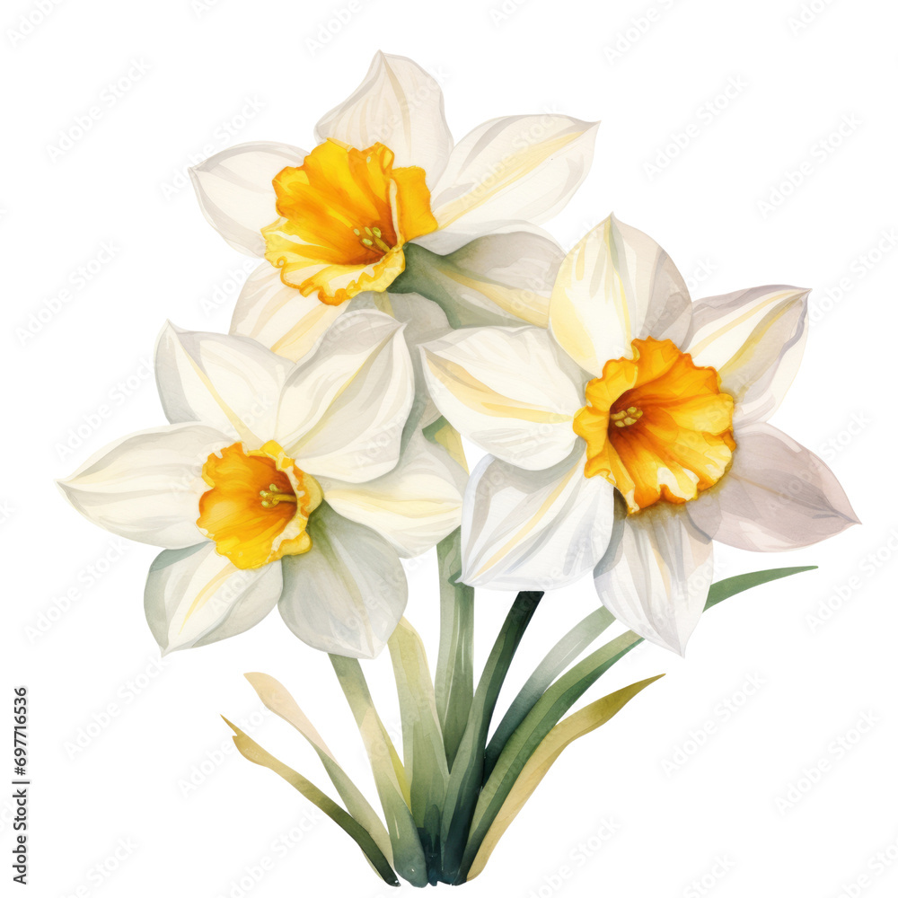  white and yellow Narcissus ,illustration watercolor celebrated in art and literature, different cultures, ranging from death to good fortune, and as symbols of spring.
