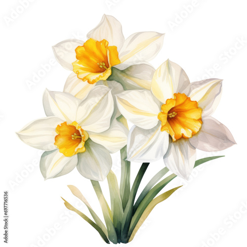   white and yellow Narcissus  illustration watercolor celebrated in art and literature  different cultures  ranging from death to good fortune  and as symbols of spring.