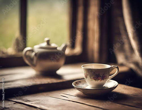 A cup of tea on the table in a rustic country house, illustration