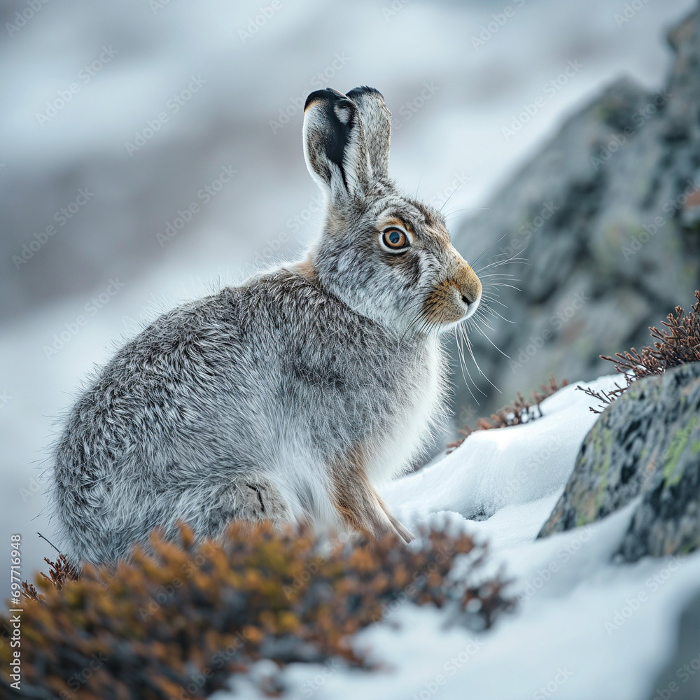 Naklejka premium Mountain Hare on Snowy Hillside