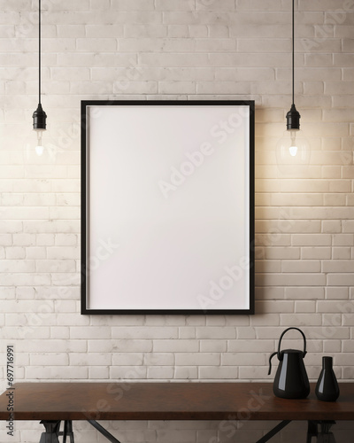mockup quadro no formato retrato em uma parede com luz e uma mesa - Papel de parede