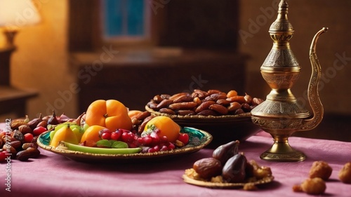ramadan food and drinks concept ramadan Arabian lamp wood rosary and dates fruit