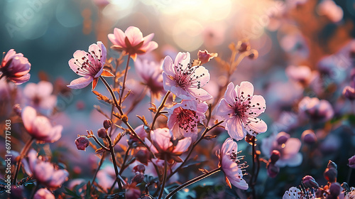sfondo di fiori rosa primaverili visto dall'altro, simmetrico, con raggi di luce del sole, ciliegio