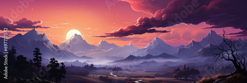wide panoramic landscape Illustration scenery drawing with evening sun dusk with colorful warm effect and clouds awith bright sky through mountain range landscape 
