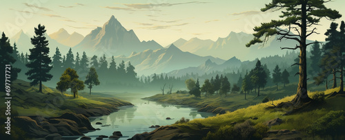 wide panoramic landscape Illustration scenery drawing  morning sunrise with colorful cool bluish effect and clouds with bright sky through foggy  greeny mountain range coved with forest