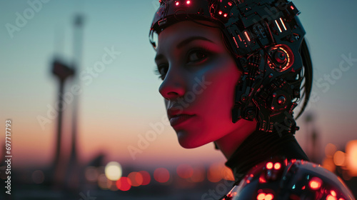 arabic girl cyborg portrait wearing electronics armor shell as android, cinematic shot, during dusk. Cyber war futuristic concept. Women in tech future