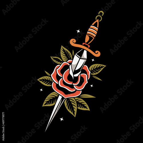 dagger and rose Vector old school tattoo vintage tattoo style illustration