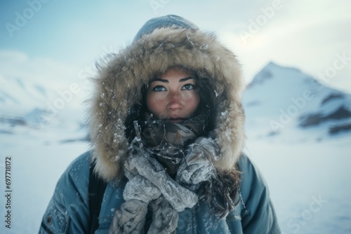Portrait of a beautiful young woman in a winter blizzard. The blizzard is blinking. Snowing. Close-up portrait of a woman