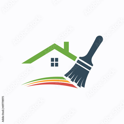 Home Renovation and Painting Services Logo - A Paintbrush with Colorful Strokes Underneath a House Silhouette, Representing Refreshment and Improvement of Living Spaces
