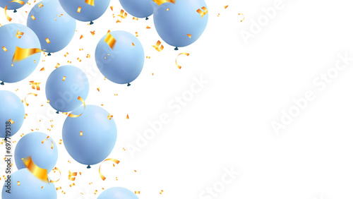 Frame blue balloons and gold confetti for birthday, party, Father’s Day, New year and greeting card