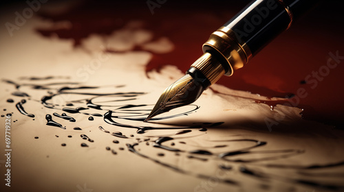 a fountain pen with gold and black details, writing on a paper. The ink appears to be freshly applied and is slightly smeared, creating an artistic effect. photo
