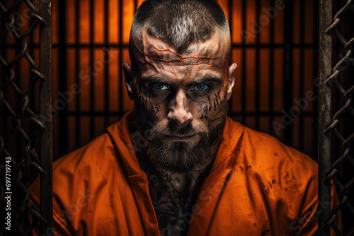 tattooed prisoner looking at camera