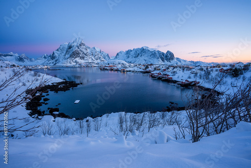 Reine Village on the Lofoten Islands in Winter season, Norway, above, aerial, archipelago, arctic, beautiful, blue, 