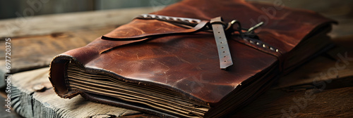 Vintage Leather-Bound Journal on Rustic Wooden Table photo