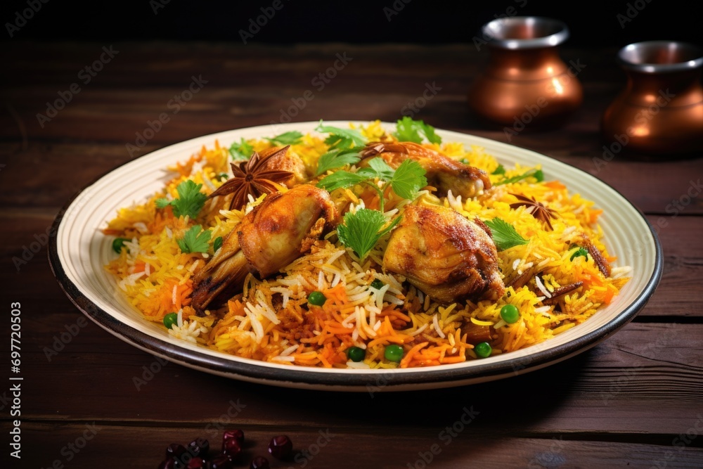 Spicy biryani rice dish with chicken and meat pieces, typical Indian dish Spicy biryani rice dish with chicken and meat pieces, typical Indian dish