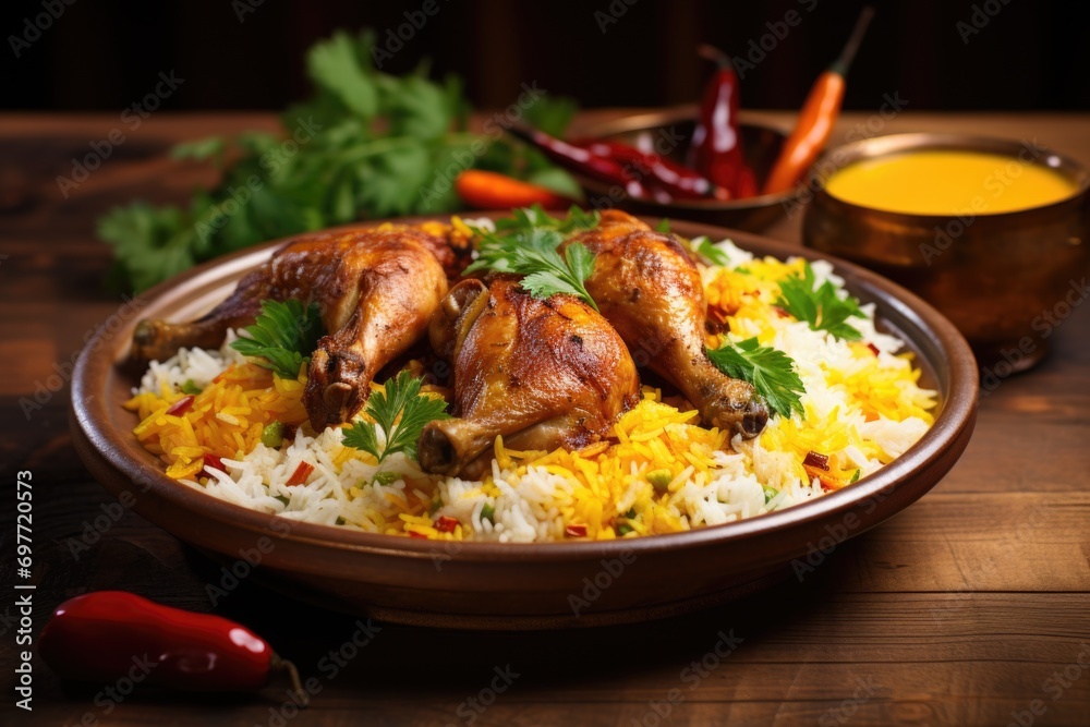 Spicy biryani rice dish with chicken and meat pieces, typical Indian dish