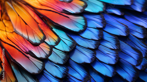 backdrop, a close-up of bird feathers with a stunning gradient of colors. The feathers transition from warm orange and red tones on one side to cool blue and purple tones on the other.