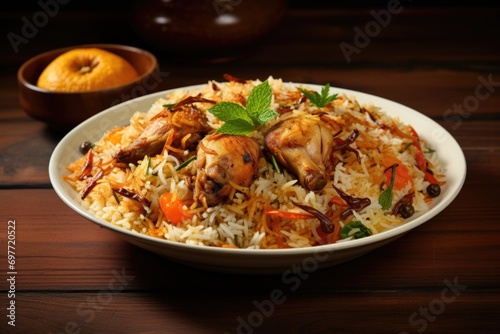 Spicy biryani rice dish with chicken and meat pieces, typical Indian dish