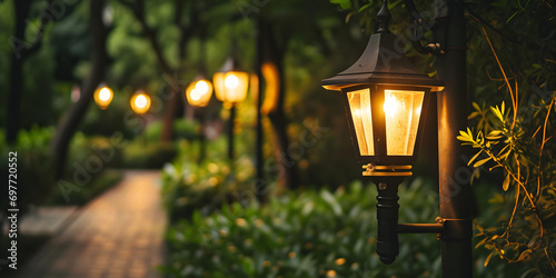 Warm Glow of Solar-Powered Garden Lanterns Along a Tranquil Pathway at Dusk photo