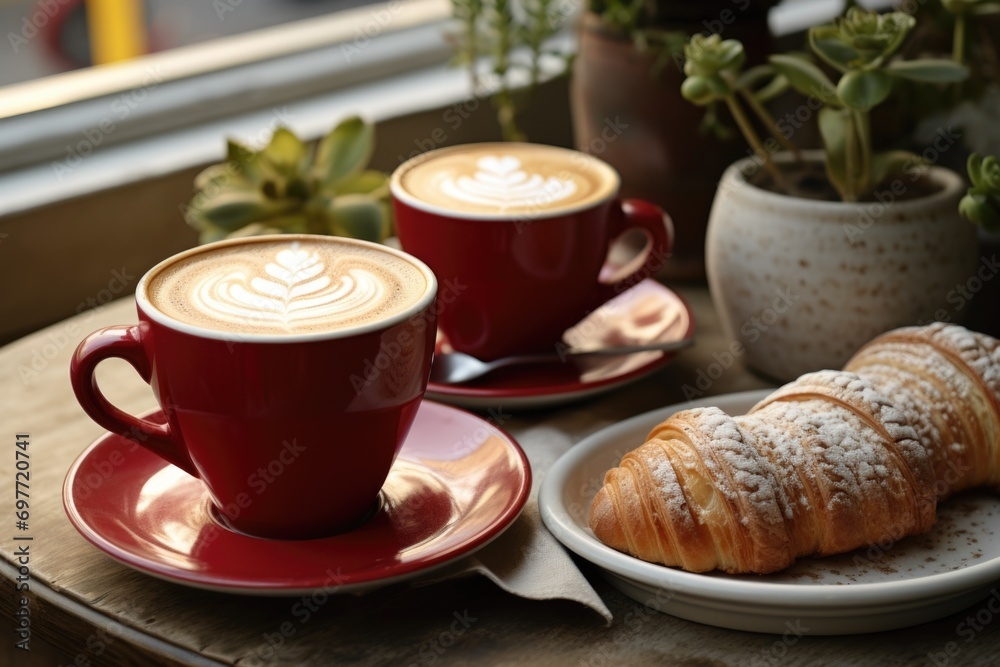 Cup of cappuccino with croissants cake near the window in a cozy setting Cup of cappuccino with croissants cake near the window in a cozy setting