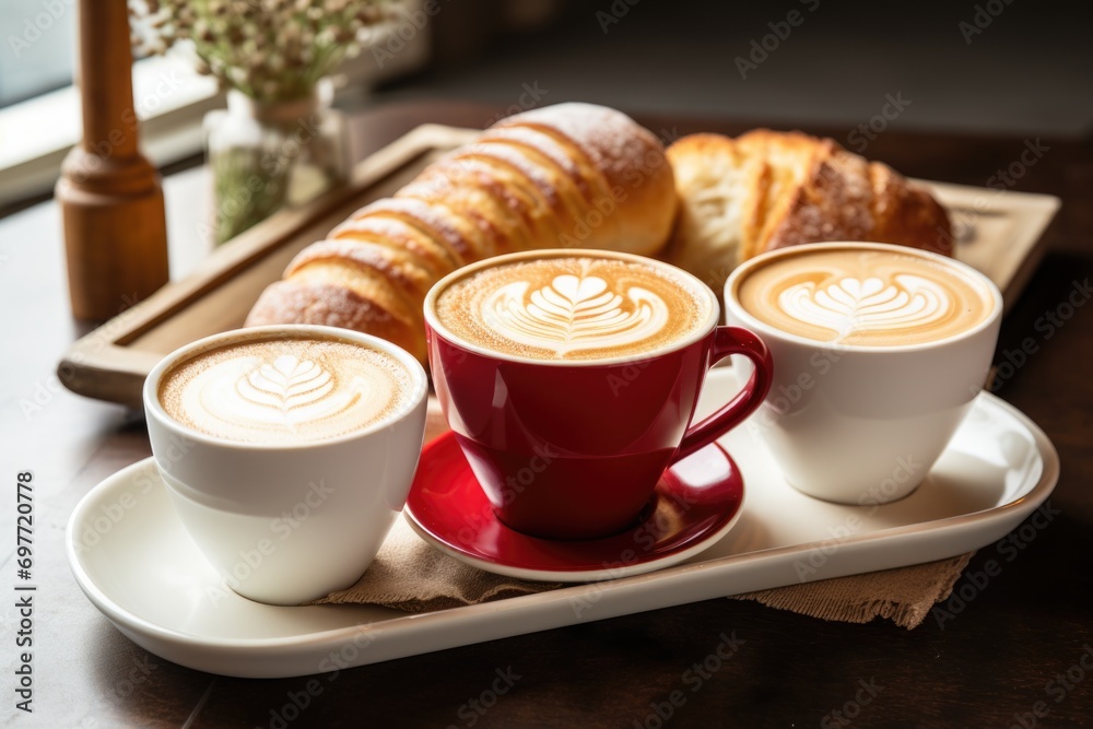 Cup of cappuccino with croissants cake near the window in a cozy setting Cup of cappuccino with croissants cake near the window in a cozy setting