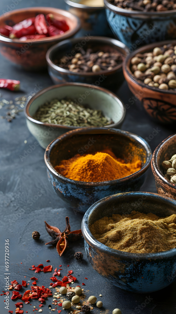 Variety of Colorful Spices in Ceramic Bowls on Dark Background Variety of Colorful Spices in Ceramic Bowls on Dark Background