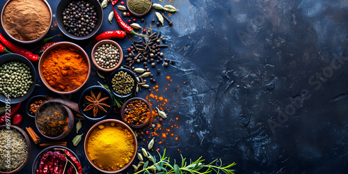 Assorted Colorful Spices and Herbs on Dark Textured Background photo