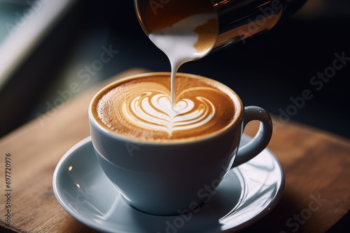 Close-up photo of a coffee shop barista making latte art, pouring latte into a cup filled with coffee