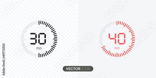 Set of timer.30 minutes, stopwatch vector icon.Timers collection,40 minutes Countdown timer symbol icon in flat style, vector illustration.