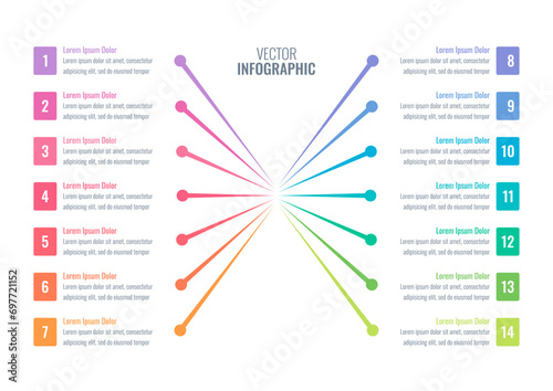 perspective colorful lines informational template. fourteen steps infographic template. annual report, web, education, internet, magazine infographic template