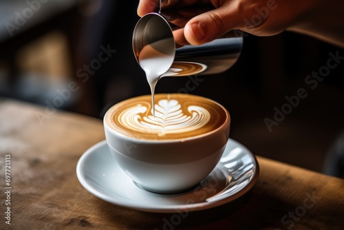 Close-up photo of a coffee shop barista making latte art, pouring latte into a cup filled with coffee photo