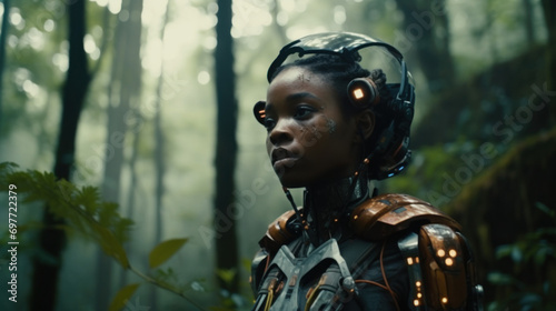 Young african cyborg girl in the jungle during cyber warfare. A girl with cyborg enhancements stands in a misty forest, a look of quiet determination on her face.