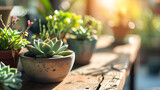 Assorted Potted Succulents on Wooden Table in Sunlight