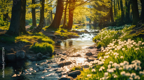 Sunlight over Spring Stream With Budding Trees And Blooming Flowers Along the  Banks  Forest Creek