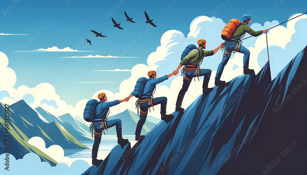 a group of climbers in a single-file line ascending a steep mountain slope, captures the essence of adventure, the spirit of teamwork, and the joy of reaching new heights. - obrazy, fototapety, plakaty 