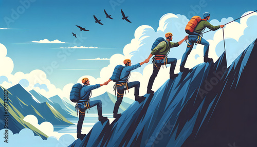 a group of climbers in a single-file line ascending a steep mountain slope, captures the essence of adventure, the spirit of teamwork, and the joy of reaching new heights.