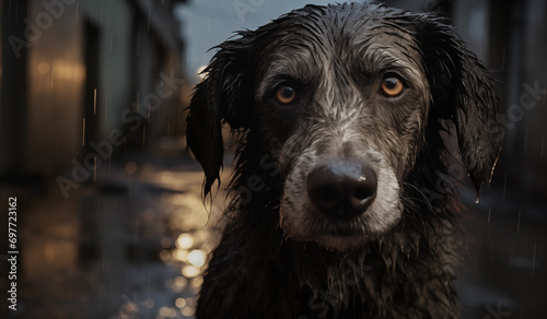 Cachorro abandonado na rua em uma noite chuvosa - Papel de parede photo