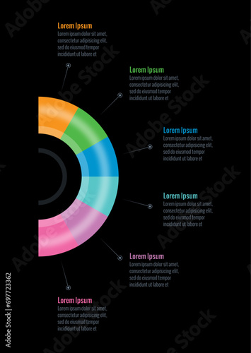 half circle infographic template. six option informational templates. internet, web, business, annual report, magazine infographic template