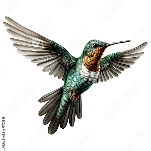 Green hummingbird flying isolated on transparent or white background