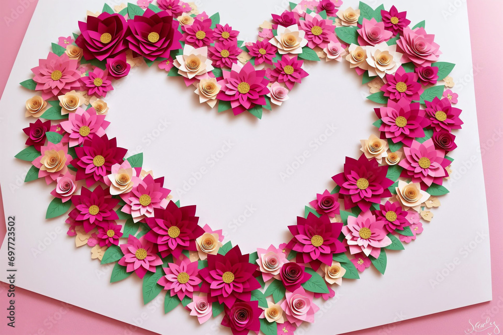 Heart shaped frame made of red and white roses on a pink background