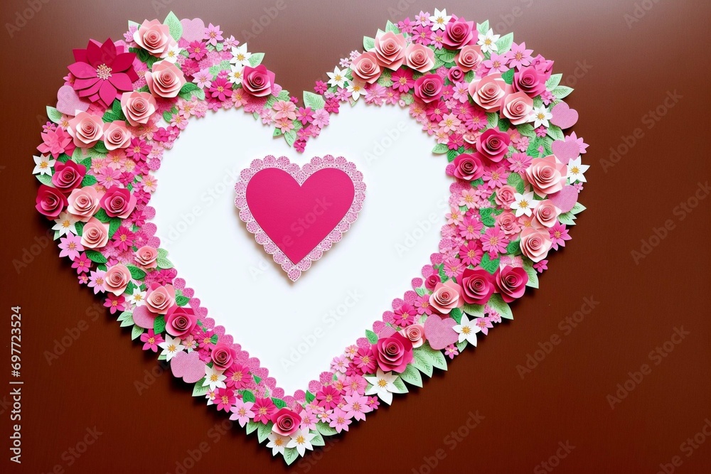 Heart shaped frame made of red and white roses on a pink background