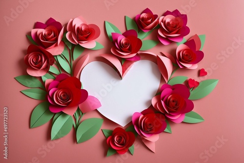 Heart shaped frame made of red and white roses on a pink background