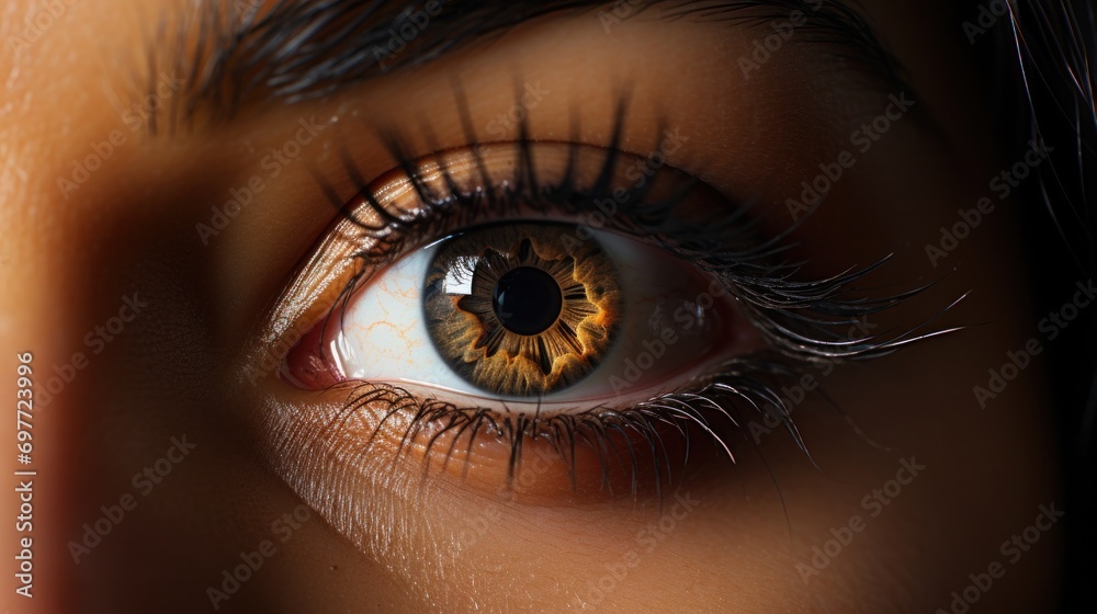Fototapeta premium close up, eye, eyelash, human, iris, pupil, eyeball, macro, beauty, brown. background image close up detail beautiful female eye, iris, pupil and eyeball extreme macro, fashion naturel makeup.